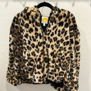 C&C California leopard print faux fur zip up jacket.